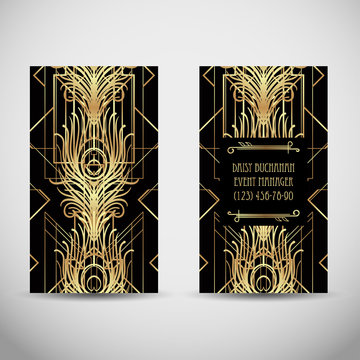 Art deco style business card. Sample Text. Abstract vintage patterns and flapper girl. Retro party geometric background set (1920's style). Vector illustration for glamour party.