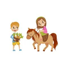 Papier Peint photo Singe Cute litlle girl riding a horse, boy standing next to the horse with basket of carrots, equestrian sport concept cartoon vector Illustration isolated on a white background