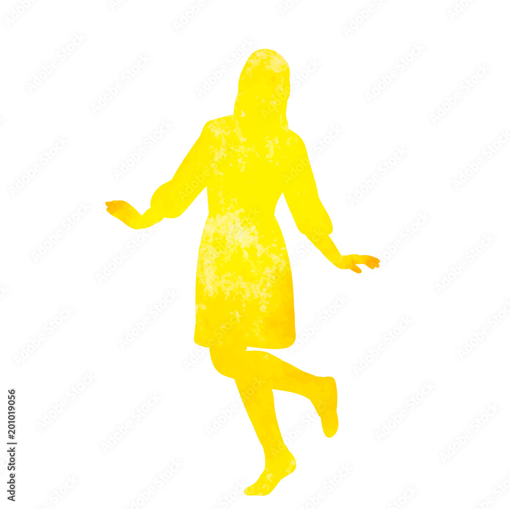 Sticker vector, isolated, yellow watercolor silhouette of a dancing girl