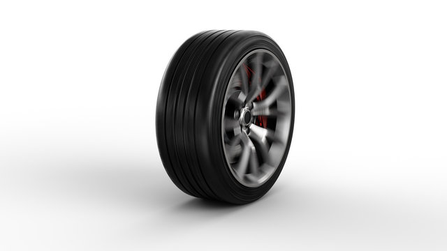 alloy whell spinning, motion blur, isolated on white background, photorealistic 3d render, generic design, non-branded