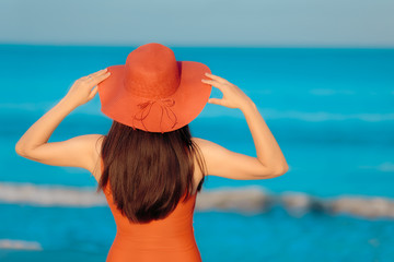 Summer Woman with Sunhat Looking at the Sea