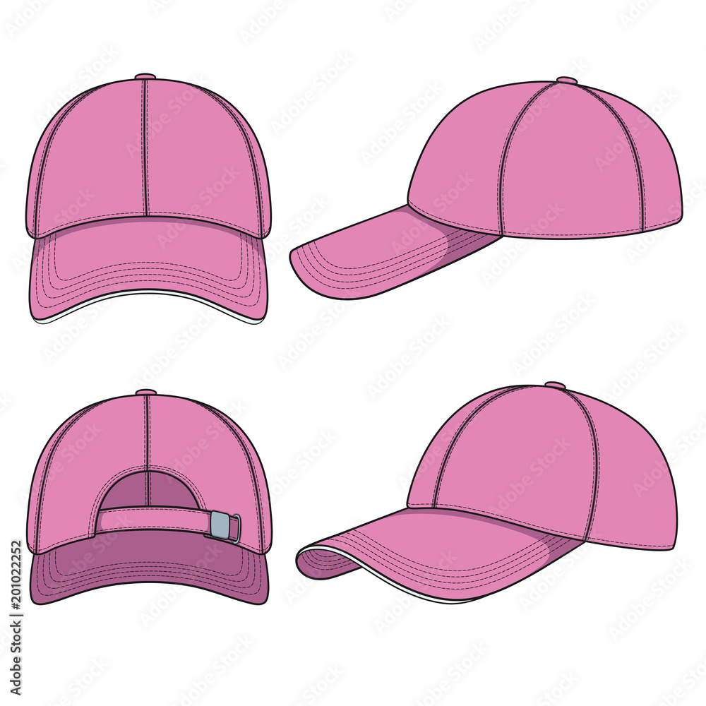 Aufkleber set of color illustrations with a pink baseball cap. isolated vector objects on white background.