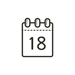 black and white linear icon of the tear-off calendar with number eighteen