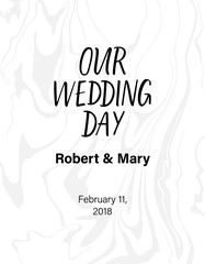 Wedding day calligraphy on light pastel marbled background.
