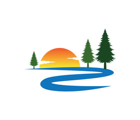 Obraz premium zachód słońca rzeka droga sosna wektor logo projektowanie