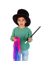 Funny small magician  with a top hat and a magic wand