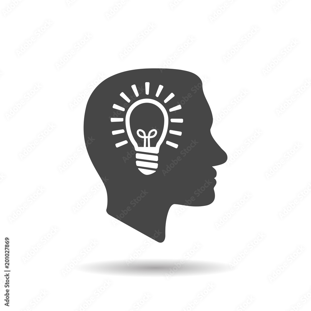 Poster man profile head view with light lamp bulb inside in trendy flat