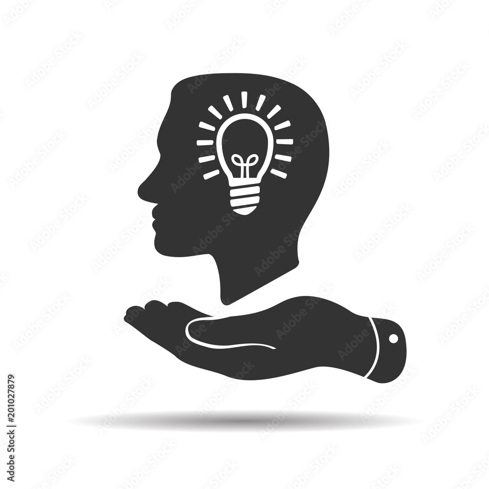 Aufkleber flat hand showing man profile head view with light lamp bulb inside in trendy flat style isolated on