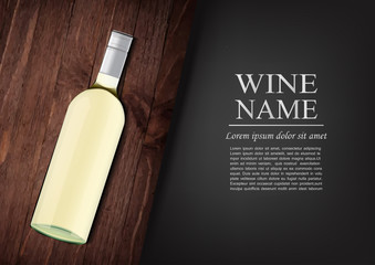 Advertising banner.A realistic bottle of white wine with black label in photorealistic style on wooden dark board,black background like chalk board,text.Wine presentation brochure.Vector illustration