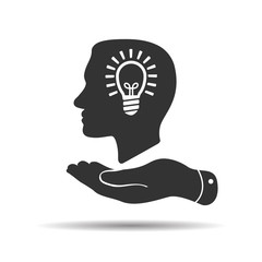 flat hand showing man profile head view with light lamp bulb inside in trendy flat style isolated on white background