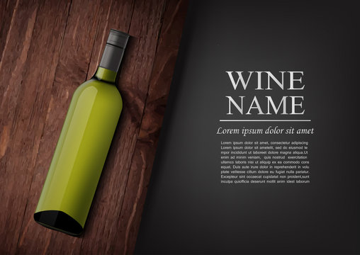 Advertising banner.A realistic bottle of white wine with black label in photorealistic style on wooden dark board,black background like chalk board,text.Wine presentation brochure.Vector illustration
