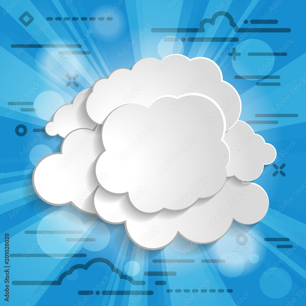 Poster abstract linear background with sun rays and white paper clouds