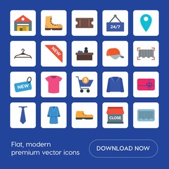 Modern Simple Set of clothes, shopping Vector flat Icons. ..Contains such Icons as  coupon, invitation,  support,  code,  wear, gift,  casual and more on blue background. Fully Editable. Pixel Perfect