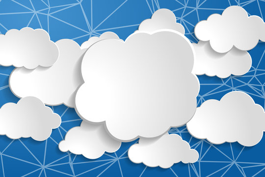 tranquil illustration of white paperclouds collection on wire network blue sky background