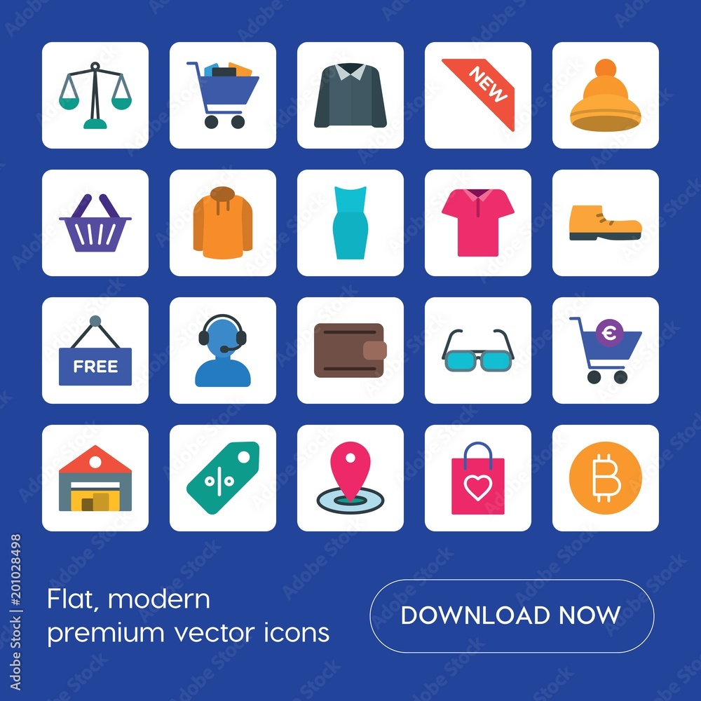 Poster modern simple set of clothes, shopping vector flat icons. ..contains such icons as price, navigation