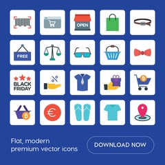 Modern Simple Set of clothes, shopping Vector flat Icons. ..Contains such Icons as  design, intelligence,  bitcoin,  mystery,  t-shirt,  gift and more on blue background. Fully Editable. Pixel Perfect