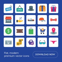 Modern Simple Set of clothes, shopping Vector flat Icons. ..Contains such Icons as  clothing,  pin,  value,  illustration,  panties, money and more on blue background. Fully Editable. Pixel Perfect