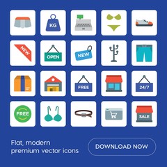 Modern Simple Set of clothes, shopping Vector flat Icons. ..Contains such Icons as shop,  footwear,  bikini,  kilogram,  icon,  store,  24 and more on blue background. Fully Editable. Pixel Perfect