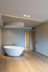Obraz na płótnie Canvas Modern bedroom with bathtub, luxury apartment