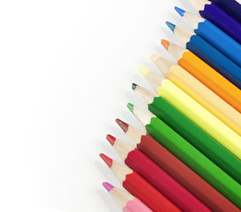 Obraz premium Colorful row of pencils isolated on white background with copyspace for advertising text