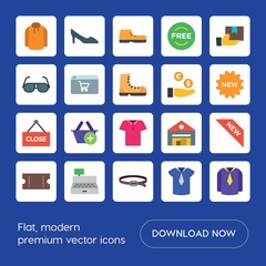 Modern Simple Set of clothes, shopping Vector flat Icons. ..Contains such Icons as  sale,  buy, winter,  belt,  coupon,  holiday,  store and more on blue background. Fully Editable. Pixel Perfect