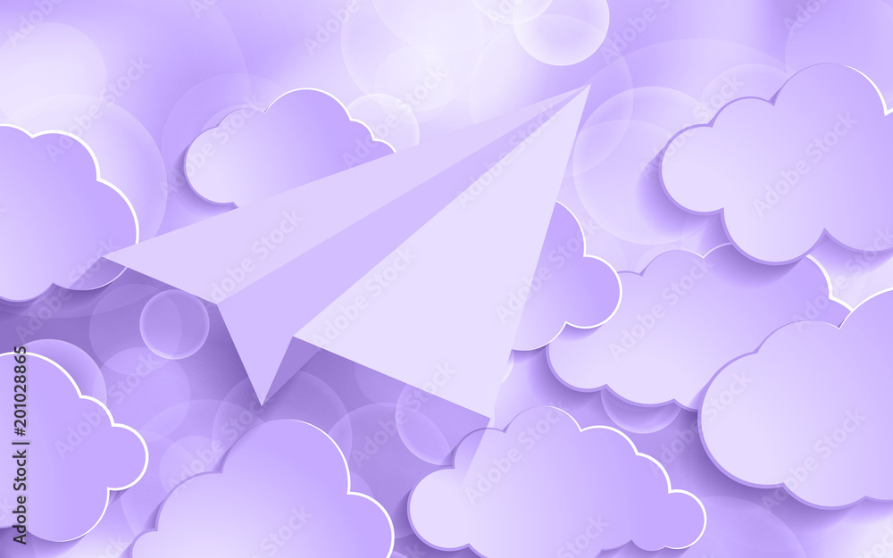 Poster ultra violet glitter bokeh background with paper plane and clouds. trendy color festive and sparkles