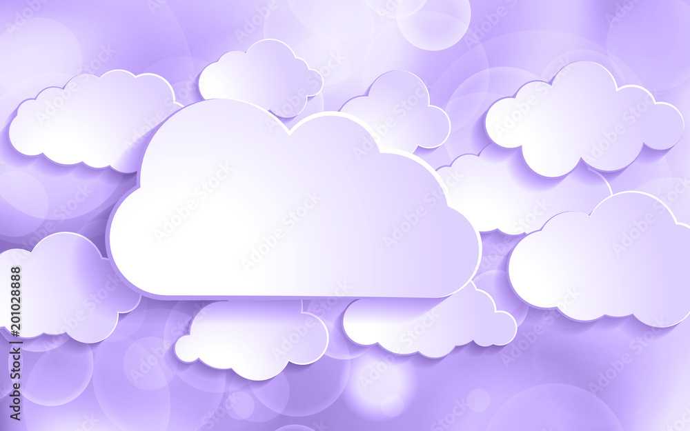 Fototapete ultra violet glitter bokeh background with set of paper clouds. trendy color festive and sparkles ba