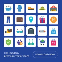 Modern Simple Set of clothes, shopping Vector flat Icons. ..Contains such Icons as  style,  customer,  bikini,  emblem,  airport,  background and more on blue background. Fully Editable. Pixel Perfect