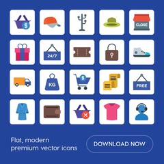 Modern Simple Set of clothes, shopping Vector flat Icons. ..Contains such Icons as coat,  white,  background,  close, basket,  baseball, free and more on blue background. Fully Editable. Pixel Perfect