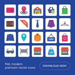 Modern Simple Set of clothes, shopping Vector flat Icons. ..Contains such Icons as  background,  house,  cart,  paper,  kilogram,  barcode and more on blue background. Fully Editable. Pixel Perfect