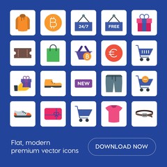 Modern Simple Set of clothes, shopping Vector flat Icons. ..Contains such Icons as  24,  time,  pink,  technology,  symbol,  money,  style and more on blue background. Fully Editable. Pixel Perfect