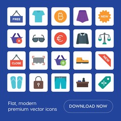 Modern Simple Set of clothes, shopping Vector flat Icons. ..Contains such Icons as lock,  counter, scanning,  money,  comfortable,  offer and more on blue background. Fully Editable. Pixel Perfect