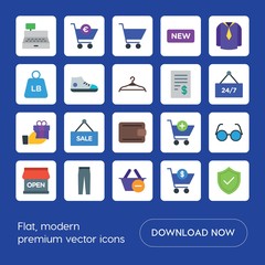 Modern Simple Set of clothes, shopping Vector flat Icons. ..Contains such Icons as  travel,  business,  tag, cart,  new,  symbol,  sale,  add and more on blue background. Fully Editable. Pixel Perfect