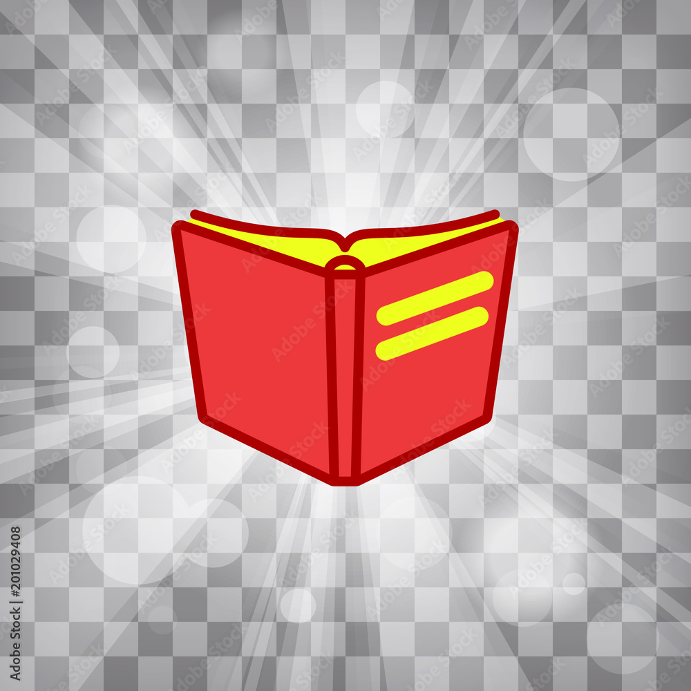 Poster flat line design graphic image concept of red open book icon on sunburst or flash rays chequered bac