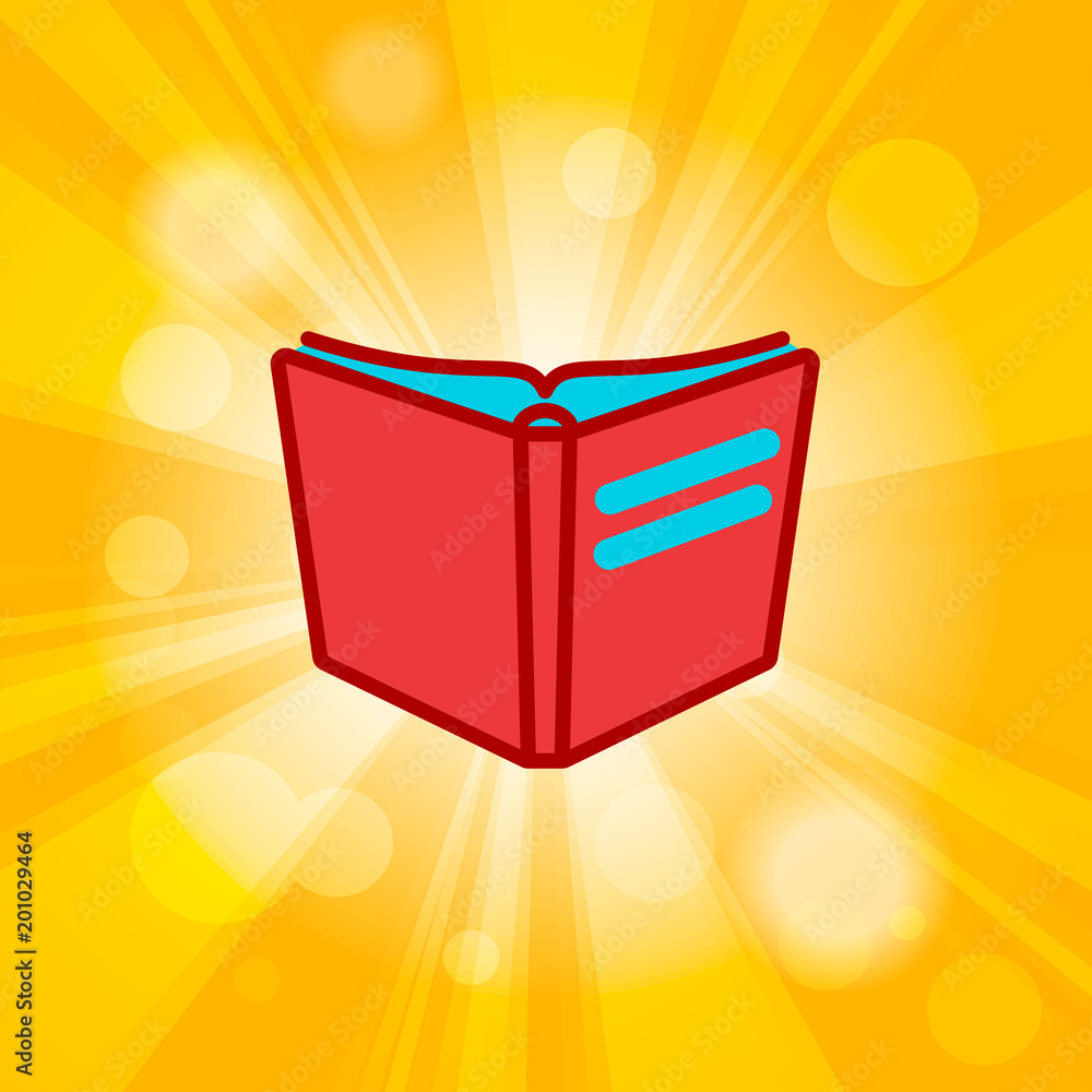 Poster flat line design graphic image concept of red open book icon on sunburst or flash rays golden backgr