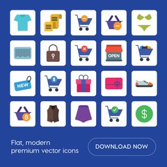 Modern Simple Set of clothes, shopping Vector flat Icons. ..Contains such Icons as  vector, basket, card,  footwear,  card,  business, cheque and more on blue background. Fully Editable. Pixel Perfect