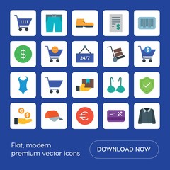 Modern Simple Set of clothes, shopping Vector flat Icons. ..Contains such Icons as cheque,  foot,  style,  icon,  footwear, plastic,  casual and more on blue background. Fully Editable. Pixel Perfect