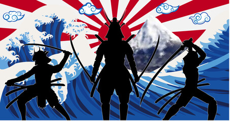 silhouette japan samurai with wave rising sun flag