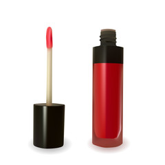 Red lip gloss on white background. Beauty industry. Decorative cosmetic. Vector illustration.