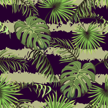 Striped seamless pattern with leaves of palm trees