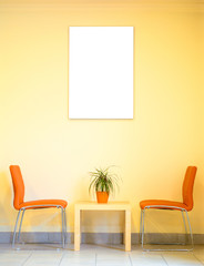 Blank office advertising space. Office ad space mockup with a wooden table and two chairs, decorated with artificial flower.