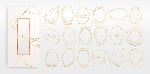 Gold collection of geometrical polyhedron, art deco style for wedding invitation, luxury templates, decorative patterns,... Modern abstract elements, vector illustration, isolated on backgrounds.