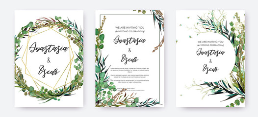 Wedding invitation frame set; flowers, leaves, watercolor, isolated on white. Sketched wreath, floral and herbs garland with green, greenery color. Handdrawn Vector Watercolour style, nature art.