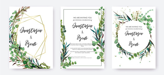 Wedding invitation frame set; flowers, leaves, watercolor, isolated on white. Sketched wreath, floral and herbs garland with green, greenery color. Handdrawn Vector Watercolour style, nature art.
