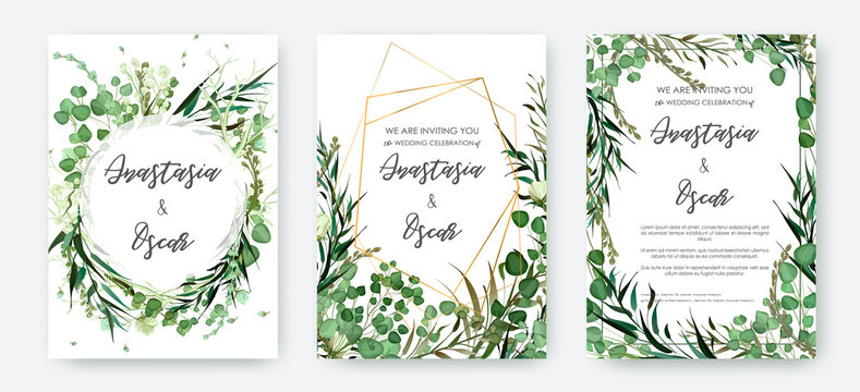 Wedding invitation frame set; flowers, leaves, watercolor, isolated on white. Sketched wreath, floral and herbs garland with green, greenery color. Handdrawn Vector Watercolour style, nature art.
