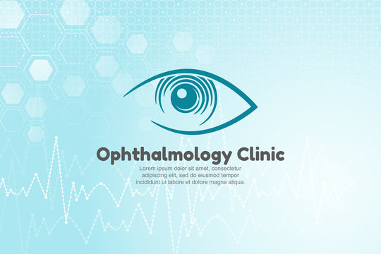 Vector illustration of human eye for ophthalmology clinic. Blue medical background with structure molecule and heart beat