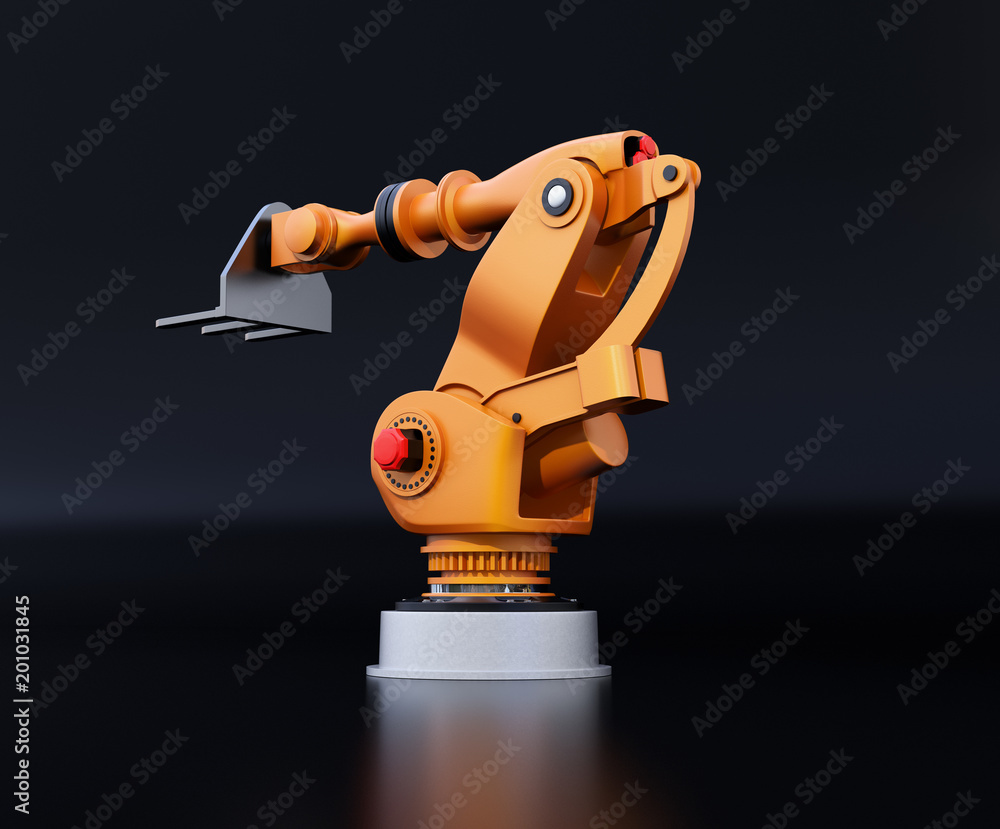 Poster rear view of orange heavyweight robotic arm isolated on black background. 3d rendering image.