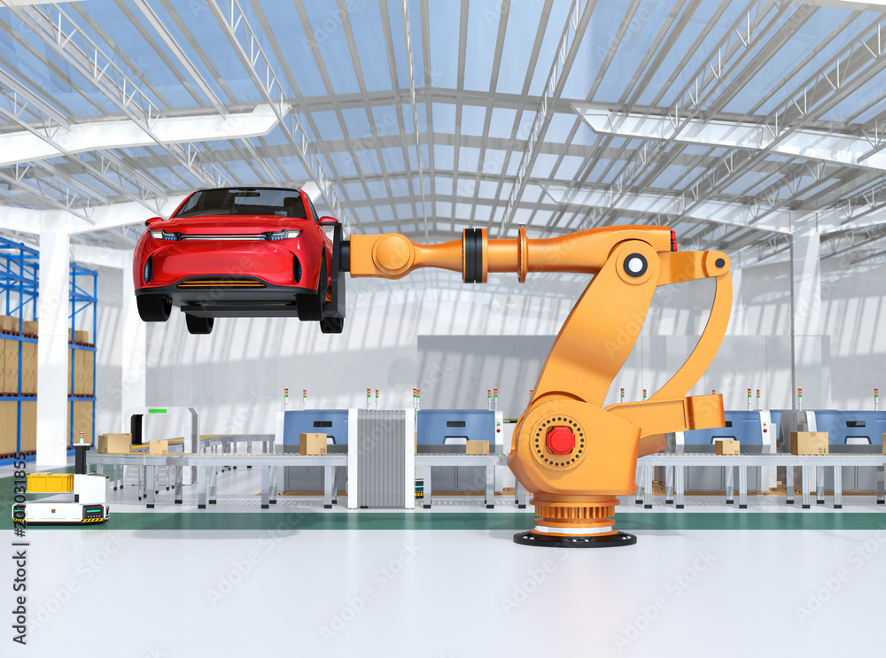 Poster orange heavyweight robotic arm carrying red suv in the assembly factory. 3d rendering image.