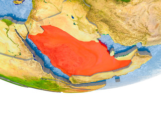 Saudi Arabia in red on Earth model