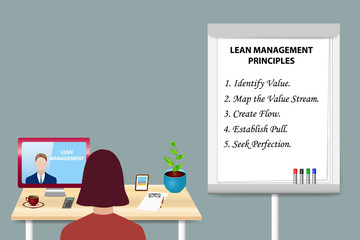 Woman is educating in Lean Management by a man communicating with her from a PC monitor standing on the table. Description of Lean Management Principles is written on the flipchart next to her.